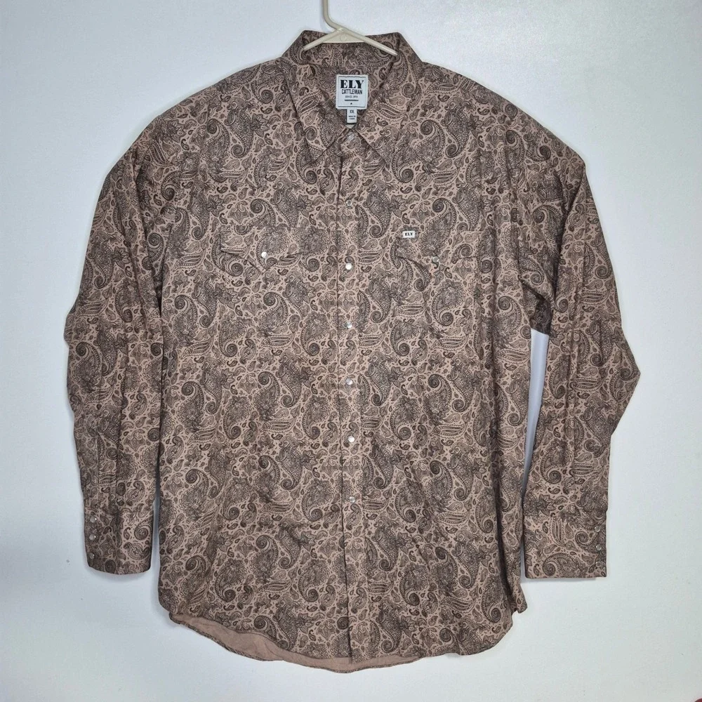Ely Cattleman Western Shirt Mens XXL Tan Paisley Pearl Snap Long Sleeve Cotton - Picture 2 of 9